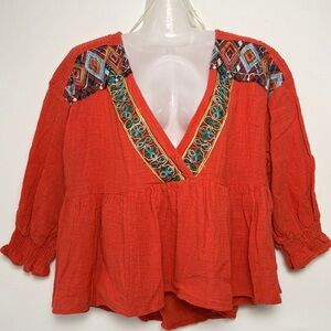 Umgee Orange Long Sleeve Embroidered V neck Flowy Boho Crop Top Blouse Size L